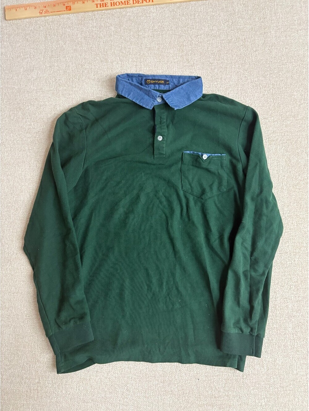 GHYUGR Mens Large Green Long Sleeve Polo Shirt Blue Denim Collar Chest Pocket